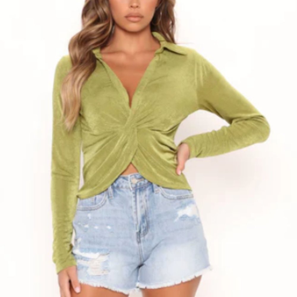 NEW Green/Chartreuse Stretch Twist Front Top Size S